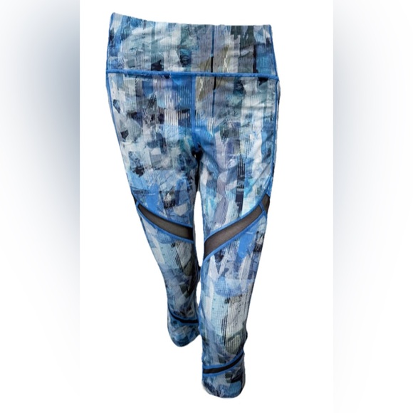 Lululemon Women’s Blue Abstract Mesh Panel Crop Leggings Size 10 - Picture 2 of 16